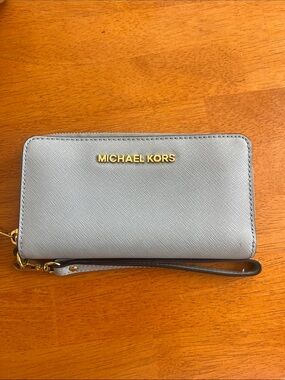 Michael Kors Light Blue Saffiano Zip Wristlet with Gold Logo
